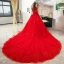 Style Chinois Rouge La Mariée Robe De Mariée 2020 Robe Boule Transparentes Col Haut Sans Manches Dos Nu Appliques En Dentelle Perlage Cathedral Train Volants