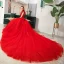 Style Chinois Rouge La Mariée Robe De Mariée 2020 Robe Boule Transparentes Col Haut Sans Manches Dos Nu Appliques En Dentelle Perlage Cathedral Train Volants
