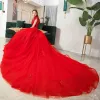 Chinese style Red Bridal Wedding Dresses 2020 Ball Gown See-through High Neck Sleeveless Backless Appliques Lace Beading Cathedral Train Ruffle