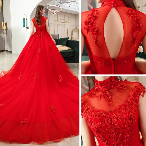 Style Chinois Rouge La Mariée Robe De Mariée 2020 Robe Boule Transparentes Col Haut Sans Manches Dos Nu Appliques En Dentelle Perlage Cathedral Train Volants