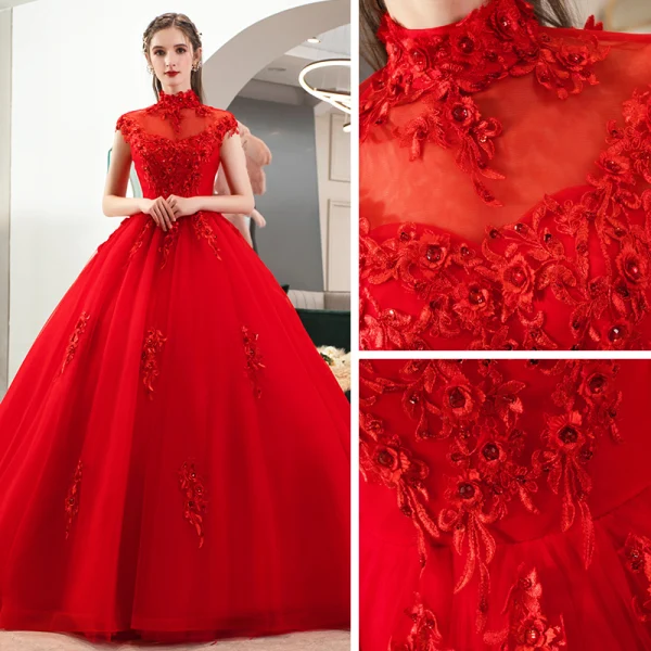Style Chinois Rouge La Mariée Robe De Mariée 2020 Robe Boule Transparentes Col Haut Sans Manches Dos Nu Appliques En Dentelle Perlage Cathedral Train Volants