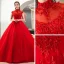 Style Chinois Rouge La Mariée Robe De Mariée 2020 Robe Boule Transparentes Col Haut Sans Manches Dos Nu Appliques En Dentelle Perlage Cathedral Train Volants
