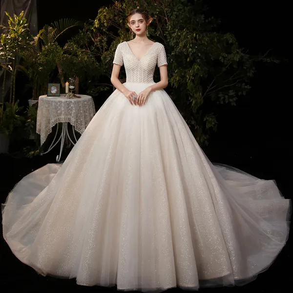 Affordable Champagne Bridal Wedding Dresses 2020 Ball Gown V-Neck Short Sleeve Backless Beading Pearl Glitter Tulle Cathedral Train Ruffle