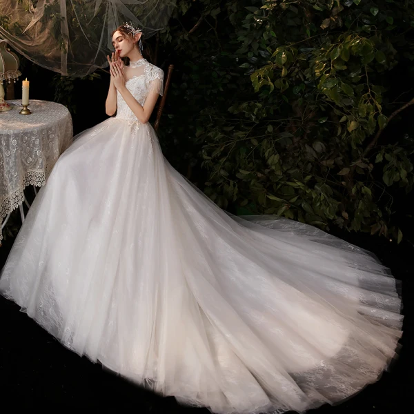 Erschwinglich Champagner Garten / Im Freien Brautkleider / Hochzeitskleider 2020 A Linie Durchsichtige Stehkragen Ärmellos Rückenfreies Spitze Applikationen Perlenstickerei Quaste Sweep / Pinsel Zug Rüschen