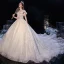 Chic / Beautiful Champagne Bridal Wedding Dresses 2020 Ball Gown See-through Scoop Neck Sleeveless Backless Appliques Lace Sequins Cathedral Train Ruffle