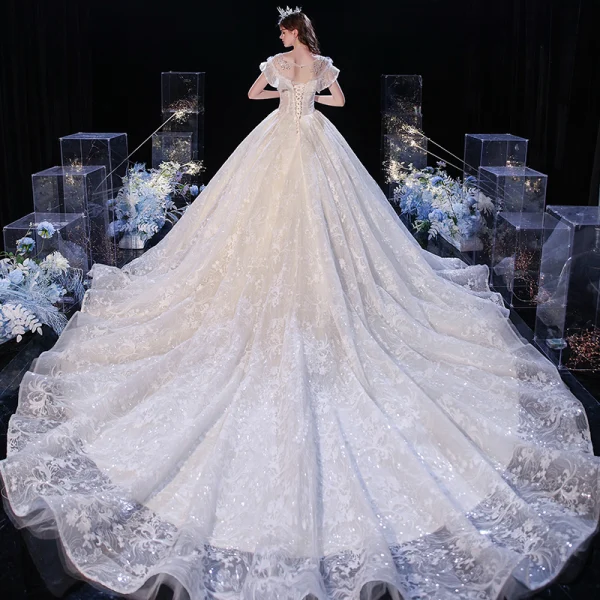 Chic / Beautiful Champagne Bridal Wedding Dresses 2020 Ball Gown See-through Scoop Neck Sleeveless Backless Appliques Lace Sequins Cathedral Train Ruffle