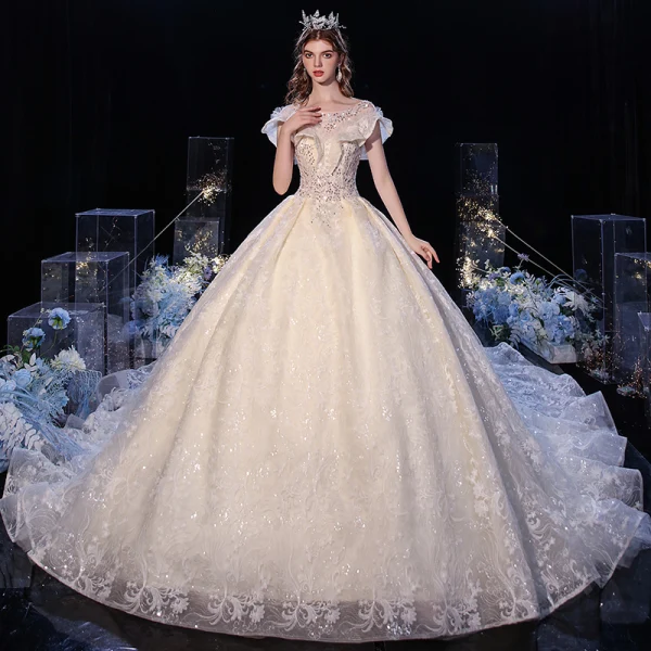 Chic / Beautiful Champagne Bridal Wedding Dresses 2020 Ball Gown See-through Scoop Neck Sleeveless Backless Appliques Lace Sequins Cathedral Train Ruffle