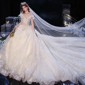 Schöne Champagner Hochzeits Brautkleider Hochzeitskleider 2020 Ballkleid Durchsichtige Rundhalsausschnitt Ärmellos Rückenfreies Applikationen Spitze Pailletten Kathedrale Schleppe Rüschen