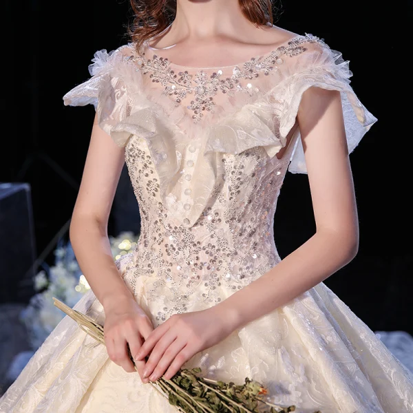 Chic / Beautiful Champagne Bridal Wedding Dresses 2020 Ball Gown See-through Scoop Neck Sleeveless Backless Appliques Lace Sequins Cathedral Train Ruffle