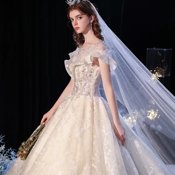 Chic / Beautiful Champagne Bridal Wedding Dresses 2020 Ball Gown See-through Scoop Neck Sleeveless Backless Appliques Lace Sequins Cathedral Train Ruffle