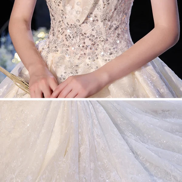 Chic / Beautiful Champagne Bridal Wedding Dresses 2020 Ball Gown See-through Scoop Neck Sleeveless Backless Appliques Lace Sequins Cathedral Train Ruffle