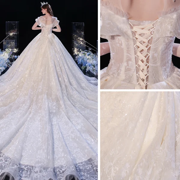 Chic / Beautiful Champagne Bridal Wedding Dresses 2020 Ball Gown See-through Scoop Neck Sleeveless Backless Appliques Lace Sequins Cathedral Train Ruffle