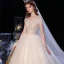 Mode Champagne La Mariée Robe De Mariée 2020 Robe Boule V-Cou Manches Courtes Perlage Perle Glitter Tulle Cathedral Train Volants