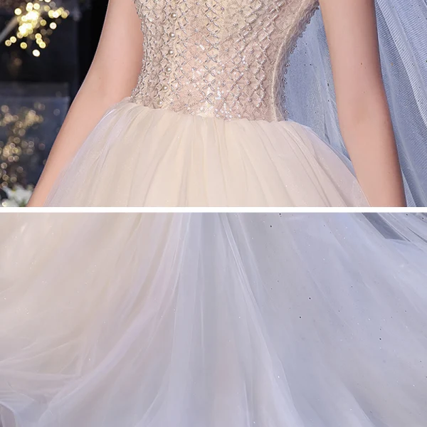 Mode Champagne La Mariée Robe De Mariée 2020 Robe Boule V-Cou Manches Courtes Perlage Perle Glitter Tulle Cathedral Train Volants