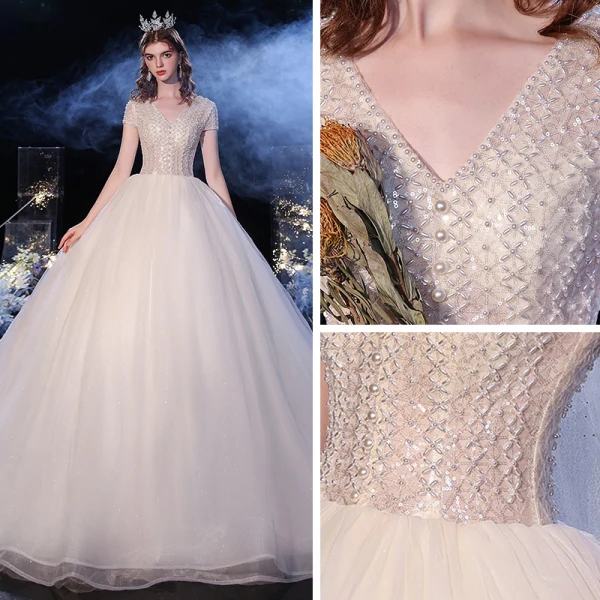 Mode Champagne La Mariée Robe De Mariée 2020 Robe Boule V-Cou Manches Courtes Perlage Perle Glitter Tulle Cathedral Train Volants