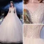 Mode Champagne La Mariée Robe De Mariée 2020 Robe Boule V-Cou Manches Courtes Perlage Perle Glitter Tulle Cathedral Train Volants