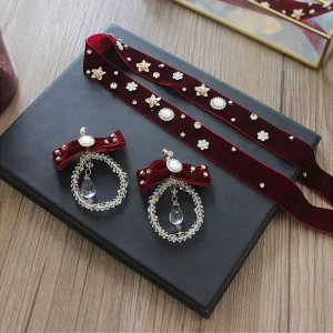 Fashion Burgundy Velour Headbands Accessories 2020 Crystal Rhinestone Earrings Headpieces
