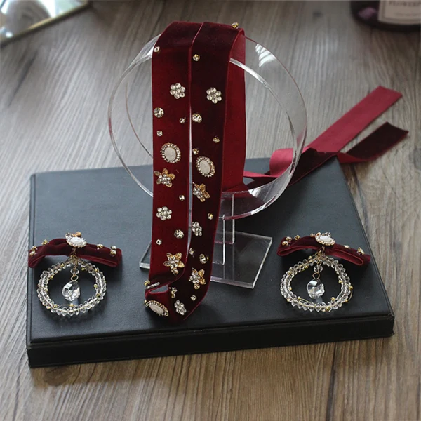 Mode Burgundy Velour Pannband Tillbehör 2020 Kristall Rhinestone Örhängen Hårsmycken