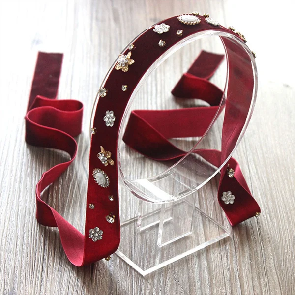 Mode Burgundy Velour Pannband Tillbehör 2020 Kristall Rhinestone Örhängen Hårsmycken