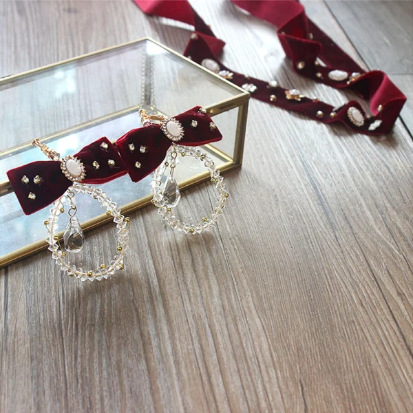 Mode Burgundy Velour Pannband Tillbehör 2020 Kristall Rhinestone Örhängen Hårsmycken