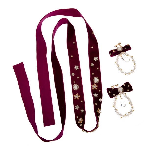 Mode Burgundy Velour Pannband Tillbehör 2020 Kristall Rhinestone Örhängen Hårsmycken
