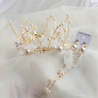 Charming Gold Bridal Jewelry 2020 Alloy Pearl Tiara Tassel Earrings Bridal Hair Accessories