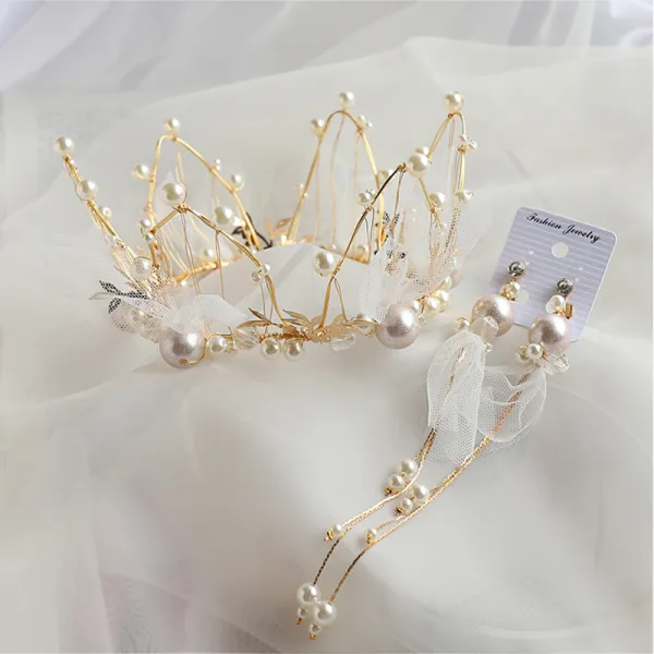 Charming Gold Bridal Jewelry 2020 Alloy Pearl Tiara Tassel Earrings Bridal Hair Accessories