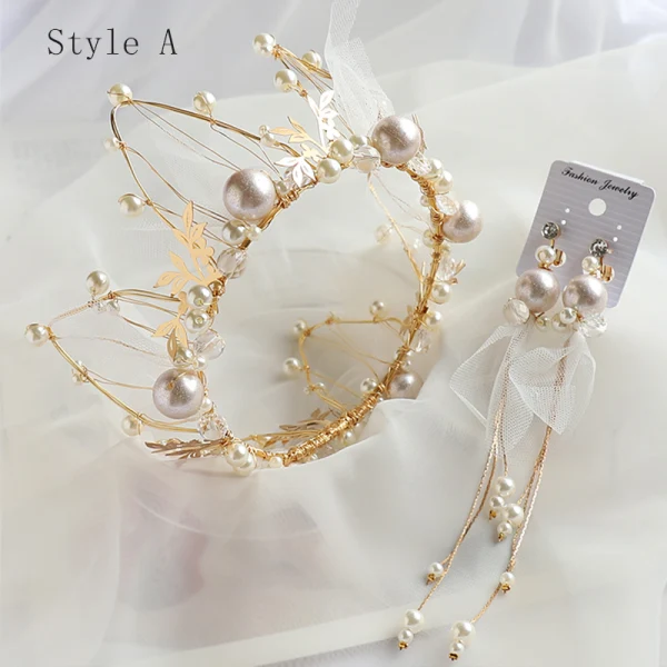 Charmant Doré Bijoux Mariage 2020 Alliage Perle Tiare Gland Boucles D'Oreilles Accessoire Cheveux Mariage