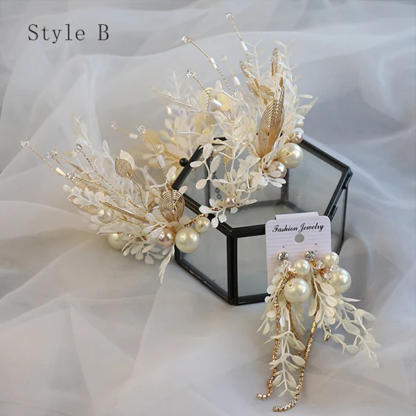 Charmant Doré Bijoux Mariage 2020 Alliage Perle Tiare Gland Boucles D'Oreilles Accessoire Cheveux Mariage