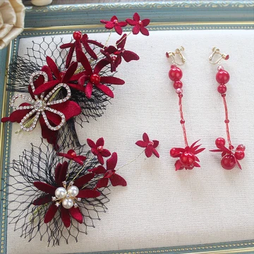 Mote Burgunder Velour Blomst Brudesmykker 2020 Rhinestone Perle Øredobber Hodepynt Tilbehør Har Tilbehor