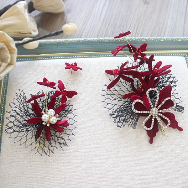 Fashion Burgundy Velour Flower Bridal Jewelry 2020 Rhinestone Pearl Earrings Headpieces Accessories Bridal Hair Accessories