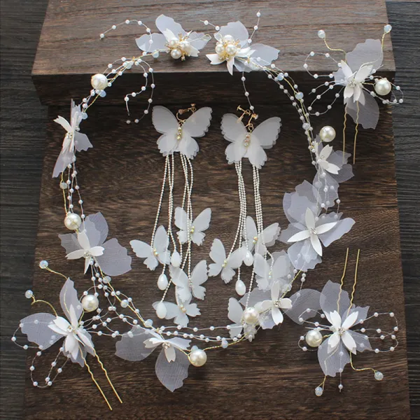 Blumenfee Ivory / Creme Seidenblume Brautschmuck 2020 Schmetterling Perlenstickerei Ohrringe Stirnbänder Haarschmuck Braut