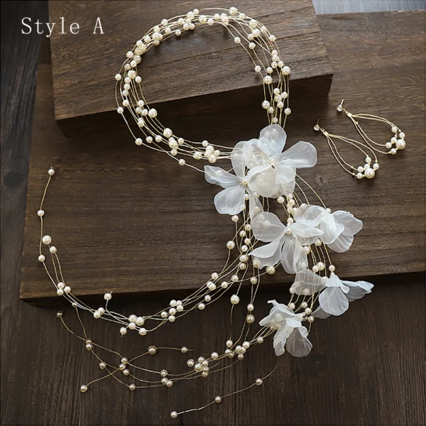 Elegant Ivory Silk Flower Headbands Bridal Hair Accessories 2020 Alloy Pearl Earrings Headpieces Bridal Jewelry