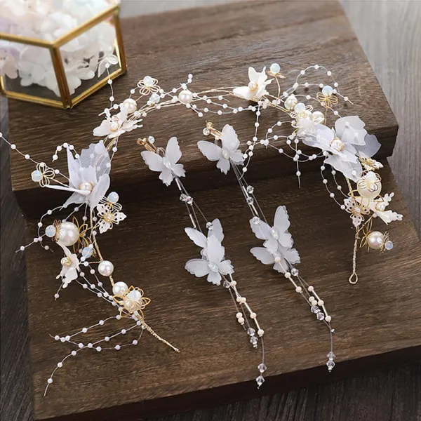 Hada de las flores Oro Aro de pelo Tocados de novia 2020 Aleación mariposa Flor de seda Rebordear Perla Pendientes Tocados Joyas