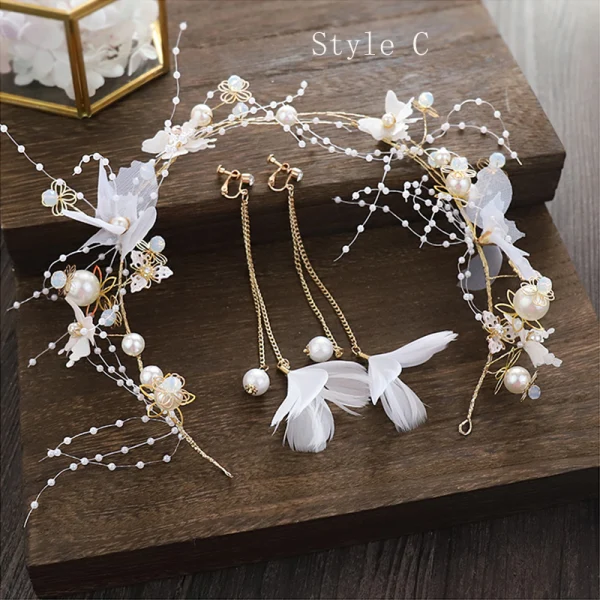 Fée Des Fleurs Doré Cerceau de cheveux Accessoire Cheveux Mariage 2020 Alliage Papillon Fleur De Soie Perlage Perle Boucles D'Oreilles Accessoire Cheveux Bijoux Mariage