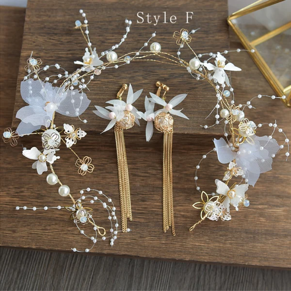 Fée Des Fleurs Doré Cerceau de cheveux Accessoire Cheveux Mariage 2020 Alliage Papillon Fleur De Soie Perlage Perle Boucles D'Oreilles Accessoire Cheveux Bijoux Mariage