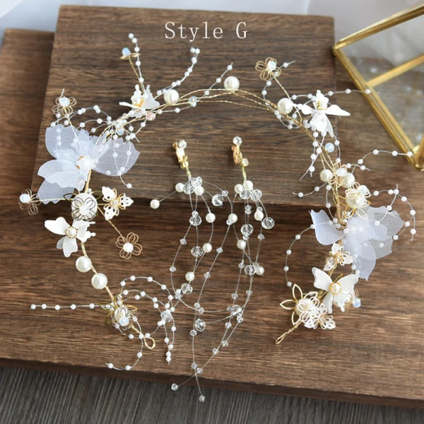 Fée Des Fleurs Doré Cerceau de cheveux Accessoire Cheveux Mariage 2020 Alliage Papillon Fleur De Soie Perlage Perle Boucles D'Oreilles Accessoire Cheveux Bijoux Mariage