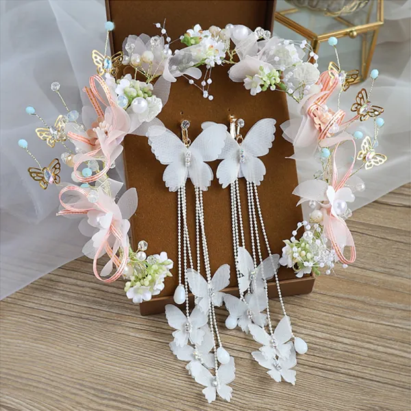 Flower Fairy Ivory Hair Hoop Bridal Hair Accessories 2020 Alloy Silk Flower Tassel Earrings Beading Headpieces Bridal Jewelry