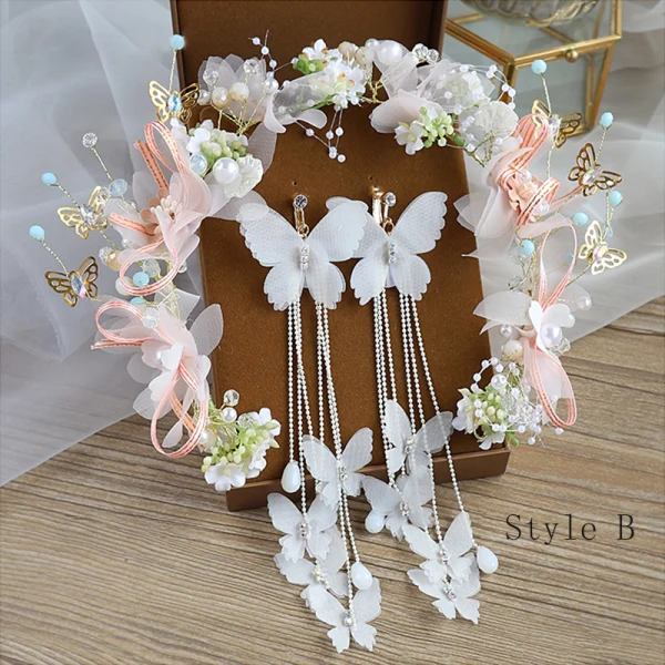 Flower Fairy Ivory Hair Hoop Bridal Hair Accessories 2020 Alloy Silk Flower Tassel Earrings Beading Headpieces Bridal Jewelry