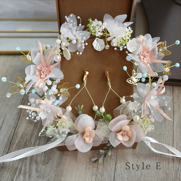 Flower Fairy Ivory Hair Hoop Bridal Hair Accessories 2020 Alloy Silk Flower Tassel Earrings Beading Headpieces Bridal Jewelry