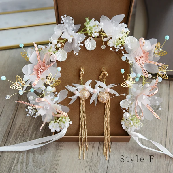Flower Fairy Ivory Hair Hoop Bridal Hair Accessories 2020 Alloy Silk Flower Tassel Earrings Beading Headpieces Bridal Jewelry