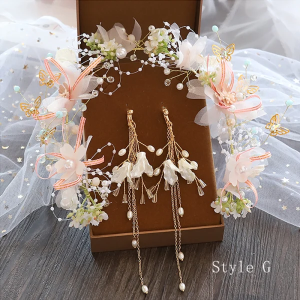 Flower Fairy Ivory Hair Hoop Bridal Hair Accessories 2020 Alloy Silk Flower Tassel Earrings Beading Headpieces Bridal Jewelry