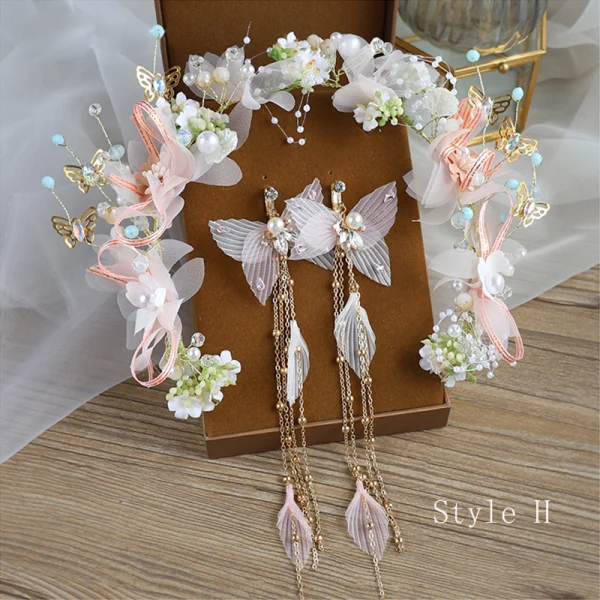 Flower Fairy Ivory Hair Hoop Bridal Hair Accessories 2020 Alloy Silk Flower Tassel Earrings Beading Headpieces Bridal Jewelry