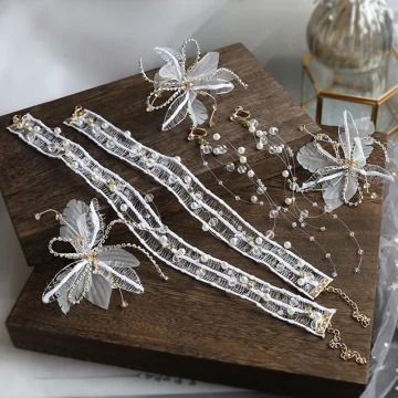 Elegant Elfenben Øredobber Halskjede Pannebånd Brudesmykker 2020 Legering Silke Blomst Perle Rhinestone Krystall Hodepynt Har Tilbehor