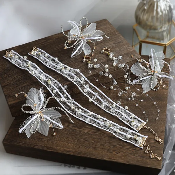 Elegant Ivory Earrings Necklace Headbands Bridal Jewelry 2020 Alloy Silk Flower Pearl Rhinestone Crystal Headpieces Bridal Hair Accessories