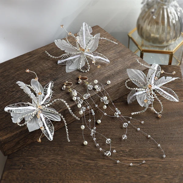 Elegant Ivory Earrings Necklace Headbands Bridal Jewelry 2020 Alloy Silk Flower Pearl Rhinestone Crystal Headpieces Bridal Hair Accessories