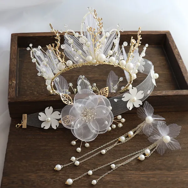 Charming Gold Bridal Jewelry 2020 Alloy Silk Flower Pearl Rhinestone Necklace Earrings Tiara Bridal Hair Accessories