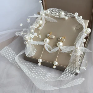 Elegant Ivory Bridal Jewelry 2020 Lace Up Flower Pearl Earrings Headbands Bridal Hair Accessories