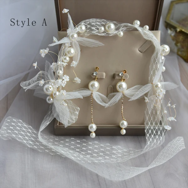 Elegant Ivory Bridal Jewelry 2020 Lace-up Flower Pearl Earrings Headbands Bridal Hair Accessories