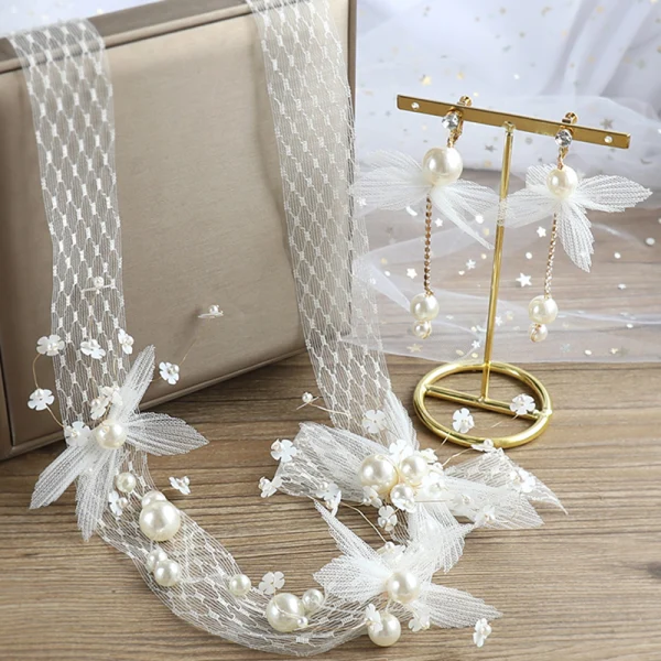 Elegant Ivory Bridal Jewelry 2020 Lace-up Flower Pearl Earrings Headbands Bridal Hair Accessories